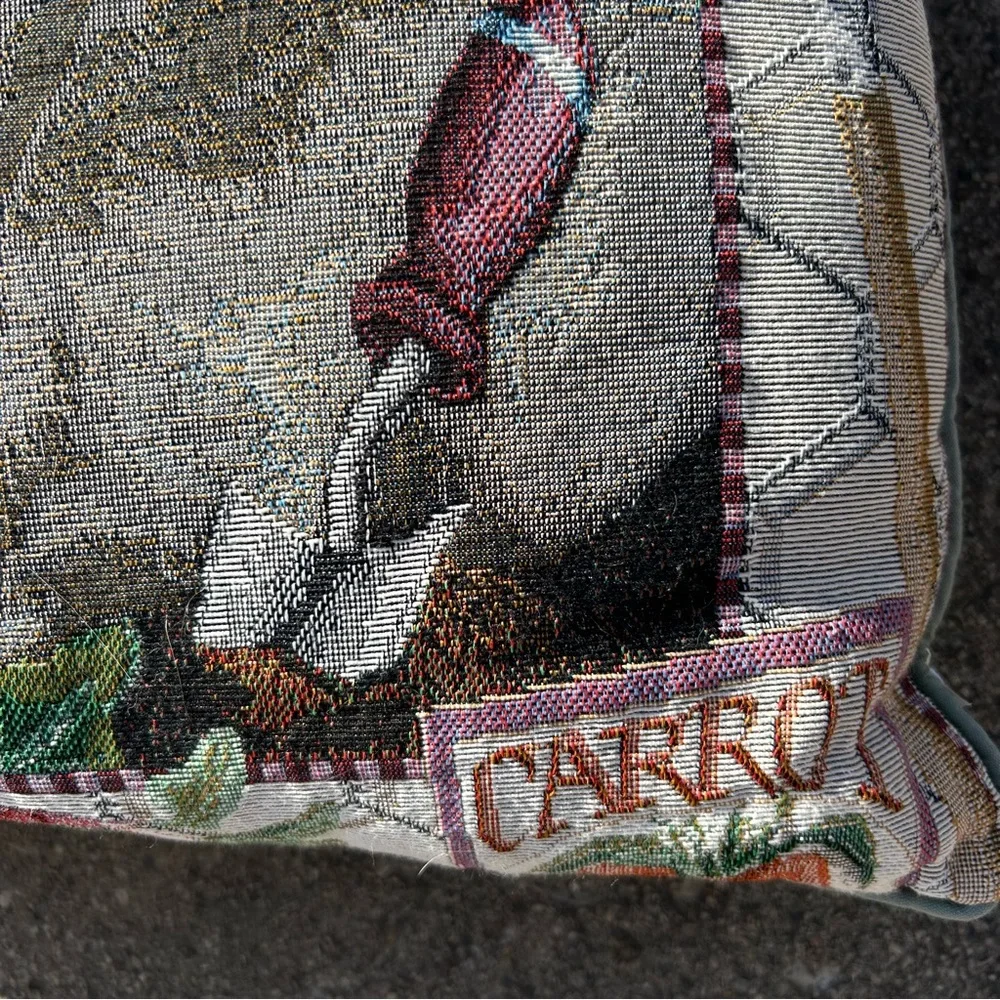 Vintage Easter pillow tapestry bunnies carrots garden green back